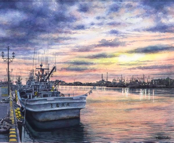 第74回 光陽展　平石　達也（ヒライシタツヤ）夕焼けの釧路川 水　F8